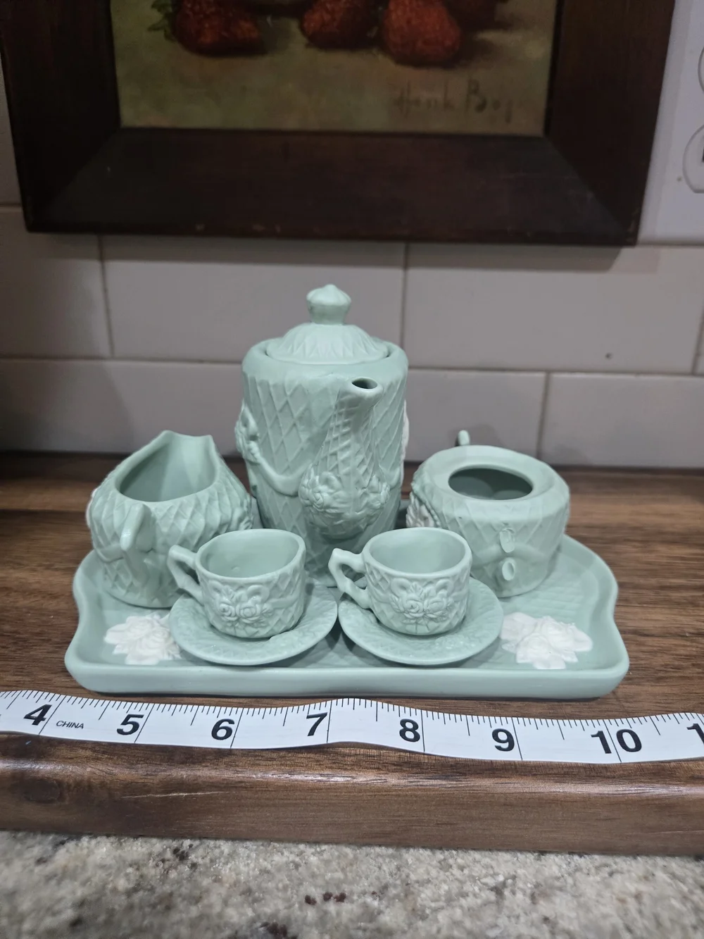 Mint Green Ceramic Tea Set with Floral Relief